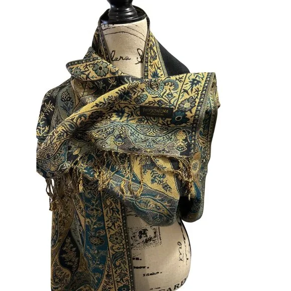Pashmina Paisley Patterned Reversible Shawl/Wrap With Fringe - Teal & Gold - Wom - Picture 5 of 7